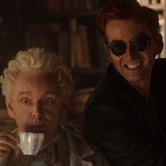 aziraphale and crowley in the scene where they first meet muriel
